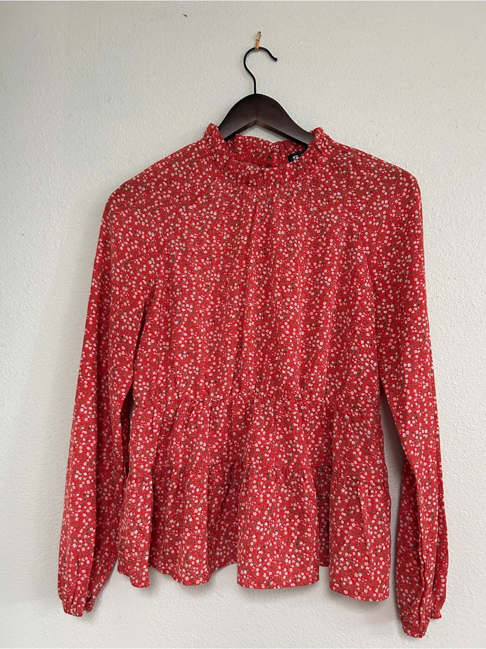 Allegra K Red Floral Ruffle-Neck Peplum Top